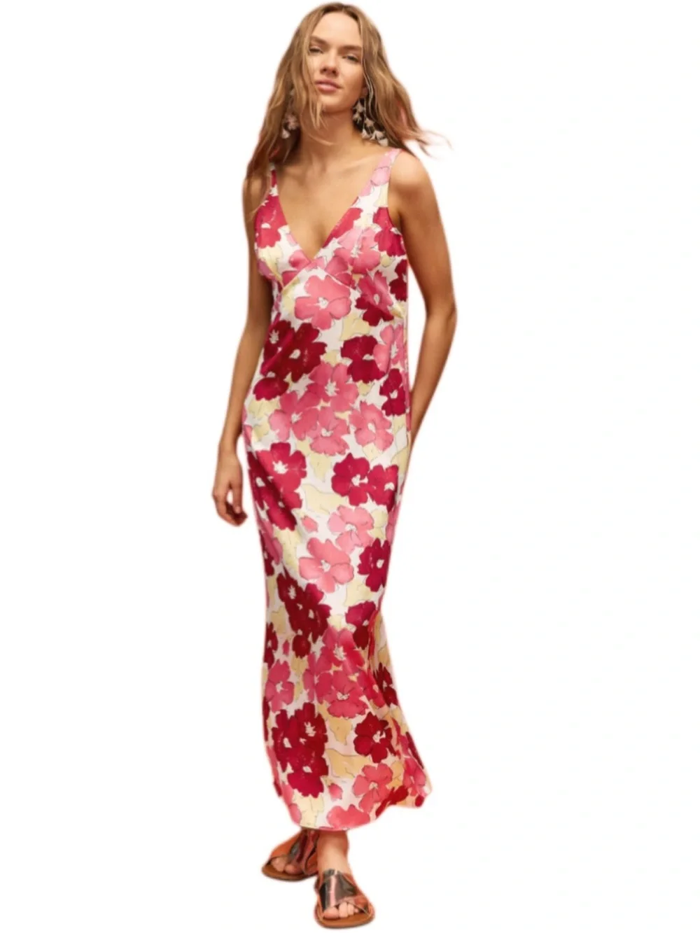 Plan C x RTR  pink, red & cream floral silky satin slip maxi dress size 0